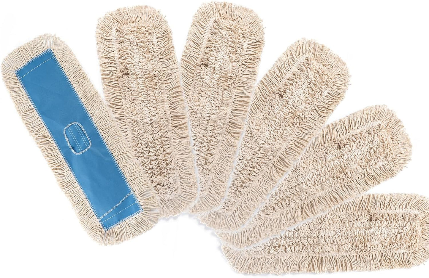 MATTHEW CLEANING 24'' Industrial Strength Cotton Dust Mop Refill Washable Replacement Heads For Residential & Commercial Use Fit Standard Dust Mop Frames, Hardwood,Concrete Floors Blue&White Pack of 6