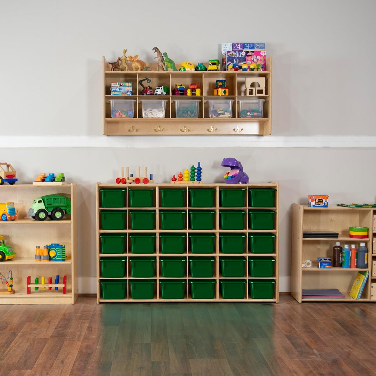 Wood Designs Cubby Storage Bin, Heavy Duty Plastic Containers for Kids Green Cubby Tray Set of 30