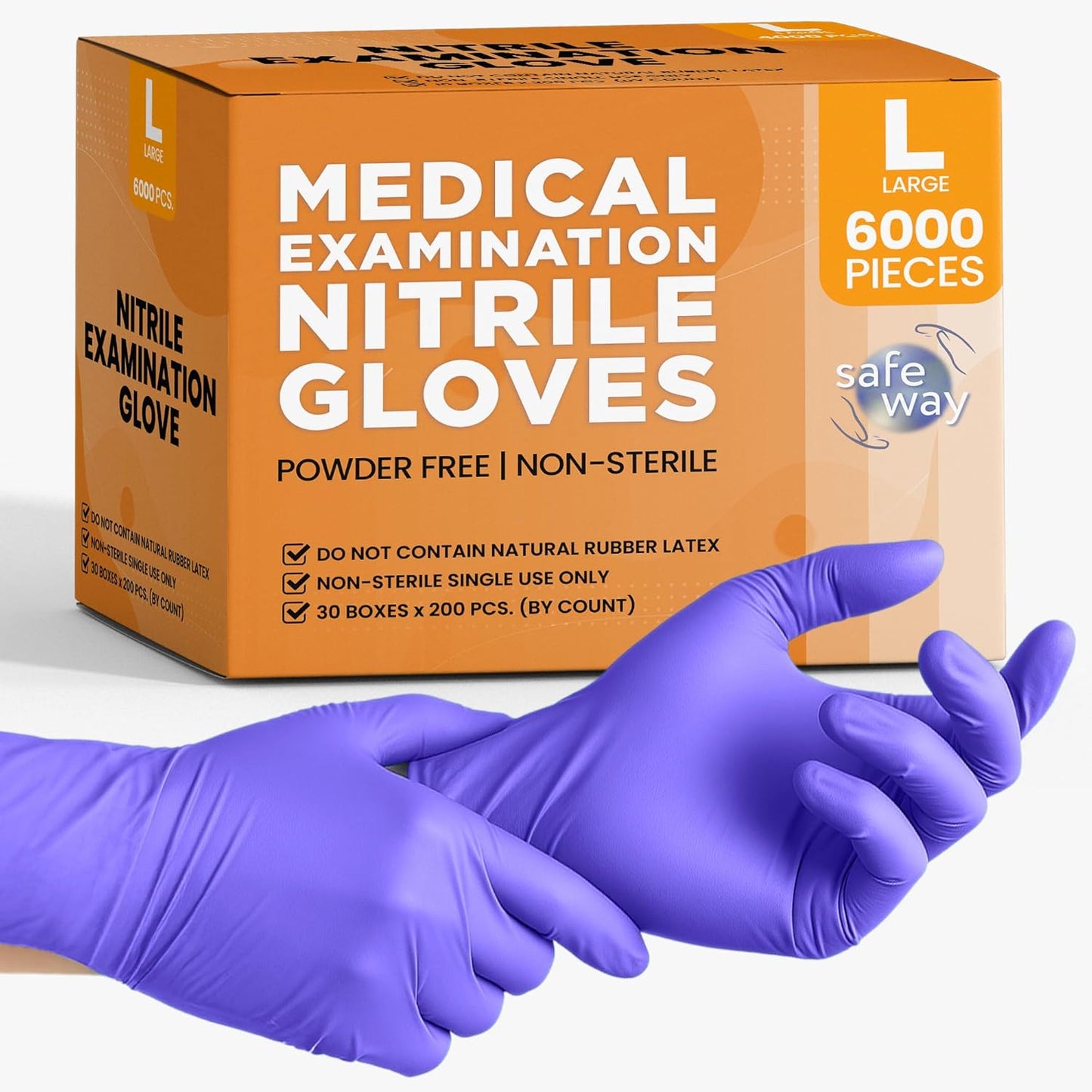 SafeWay Nitrile Disposable Gloves — Multi-Purpose Powder-Free, Non-Latex, Medical Use, and Textured Fingertips for Food Prep, Cleaning, Tattoo, Nursing, Lab, Examination, & More — (6000 pcs, Large)