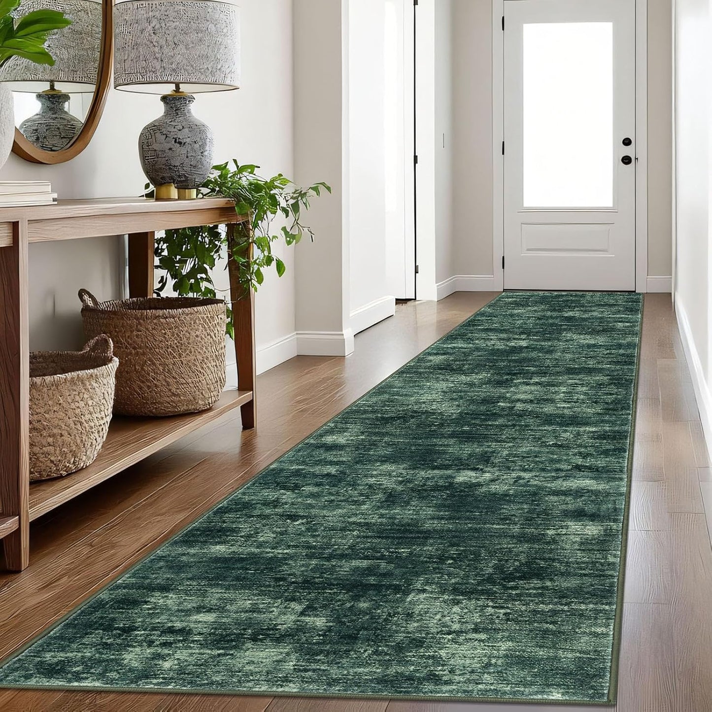 IOHOUZE Abstract Runner Rug 3x16 Ft Washable Runners for Hallways, Non Slip Kitchen Runner Printed Faux Wool Entryway Runner Indoor, Modern Abstract Floor Carpet for Hall Stair, Dark Green