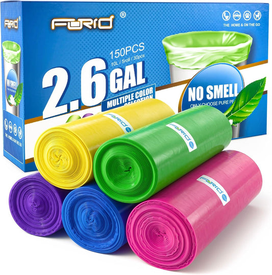 Forid Small Trash Bags for Bathroom - 2.6 Gallon Garbage Bags Unscented,Extra Thick Strong Wastebasket Can Liners for Home Office Bedroom,150 Bags Multi Colored