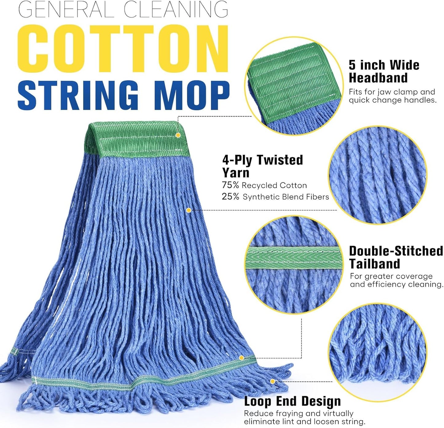 Matthew Cleaning Commercial Mop Head Replacement, 5 Inch Wide Headband, Looped End Cotton Blend String Wet Mops for Floor Cleaning, 18 oz Medium, 6-Pack Blue