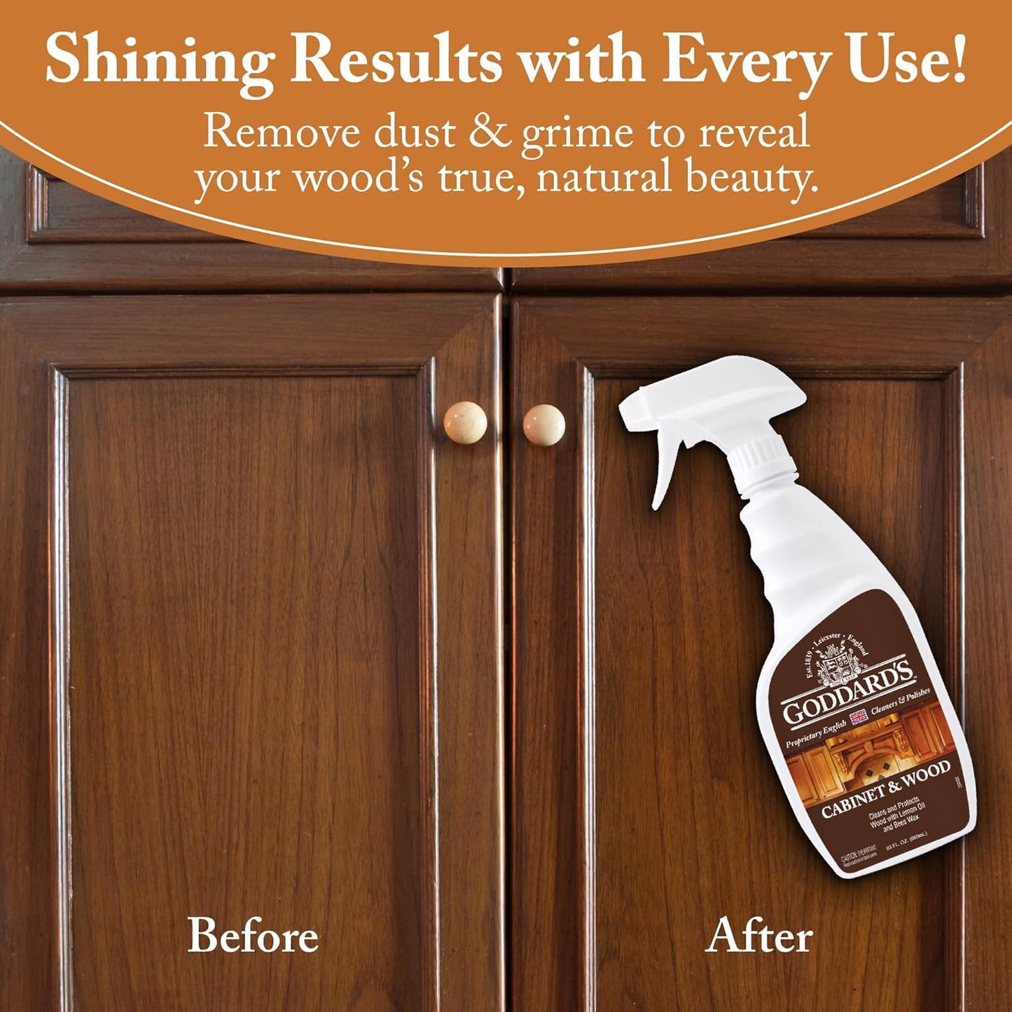 Goddard's Cabinet & Wood Wax Spray, Wood Cleaner & Furniture Polish, Wood Conditioner with Beeswax and Lemon Oil, Shine & Stain Protection, 23 oz