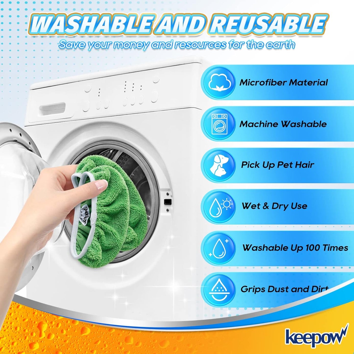 KEEPOW Reusable Microfiber Mop Pads for Swiffer Sweeper Mop, Washable Wet Pad Refills for Wet & Dry Use, Microfiber Dry Sweeping Cloths for Hardwood Floor Cleaning, 2 Pack (Mop is Not Included)