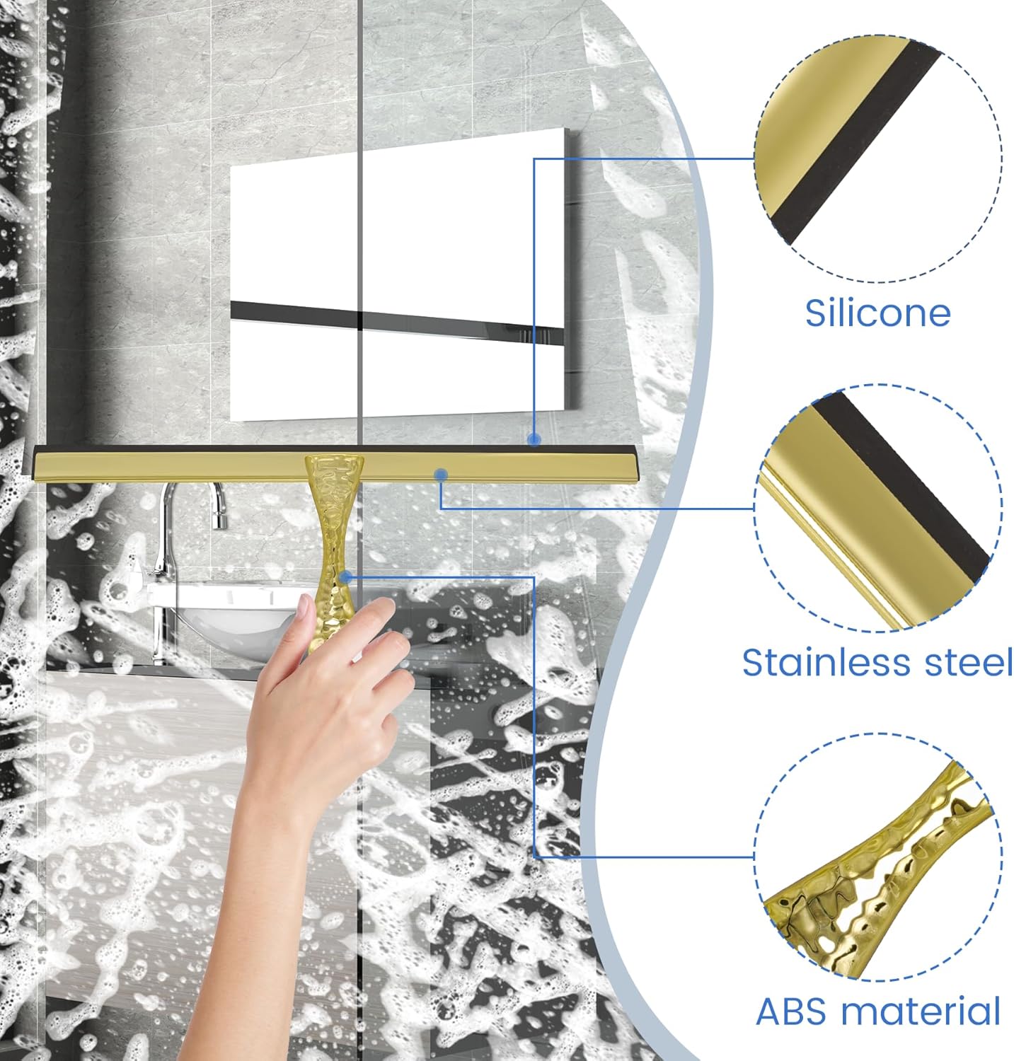 All-Purpose Silicone Shower Squeegee for Shower Glass Door,with 1 Hooks,for Bathroom Glass, Car, Tile Wall, Mirror Cleaning - Flower Shaped Handle for Easy-Grip 10 Inch Golden