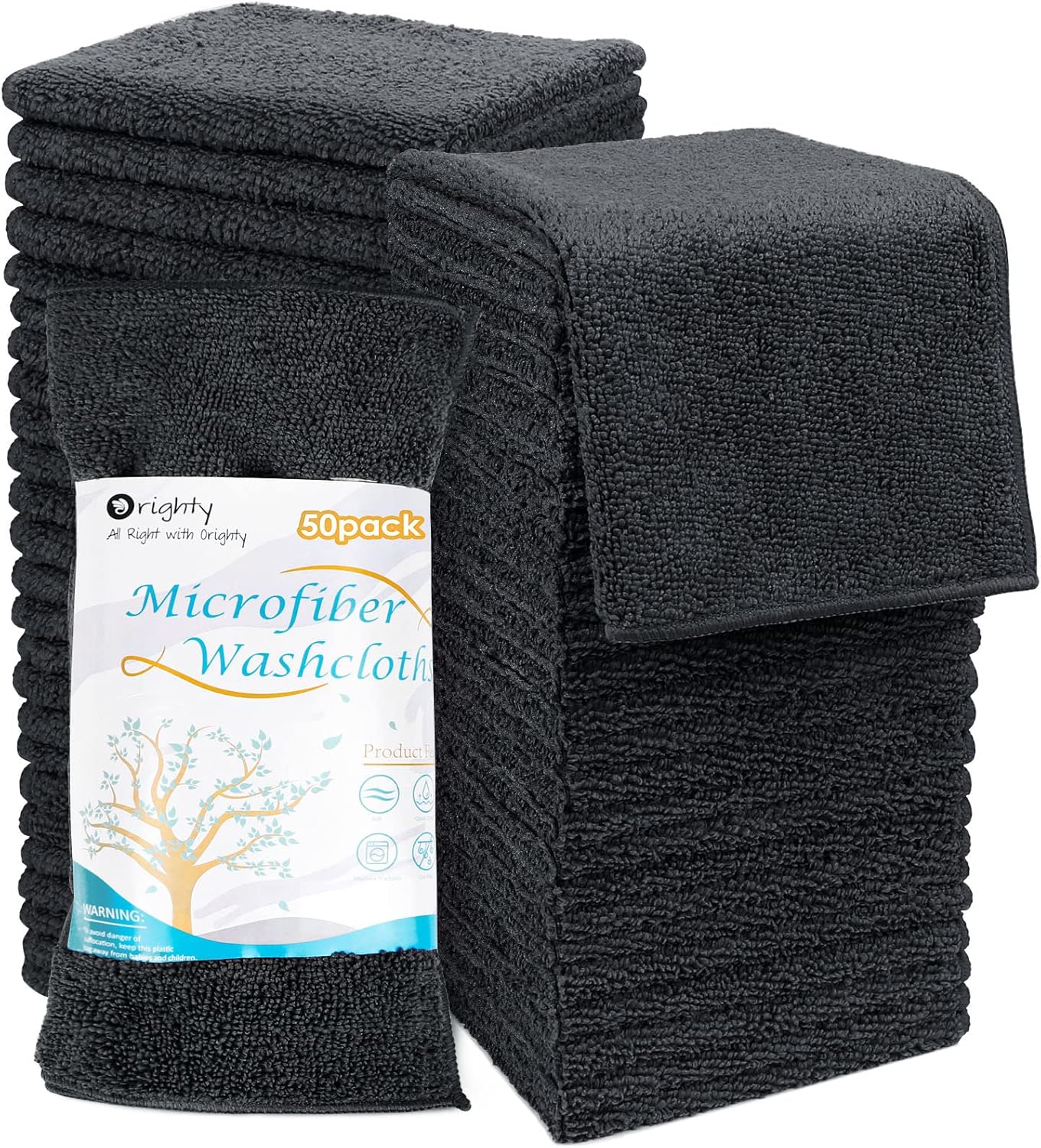 Orighty Washcloths Bulk Towels Set 50 Pack, Highly Absorbent and Super Soft Microfiber Fingertip Towels, Multi-Purpose Wash Cloths for Bathroom, Hotel, Spa, and Gym, 12x12 Inch, Black