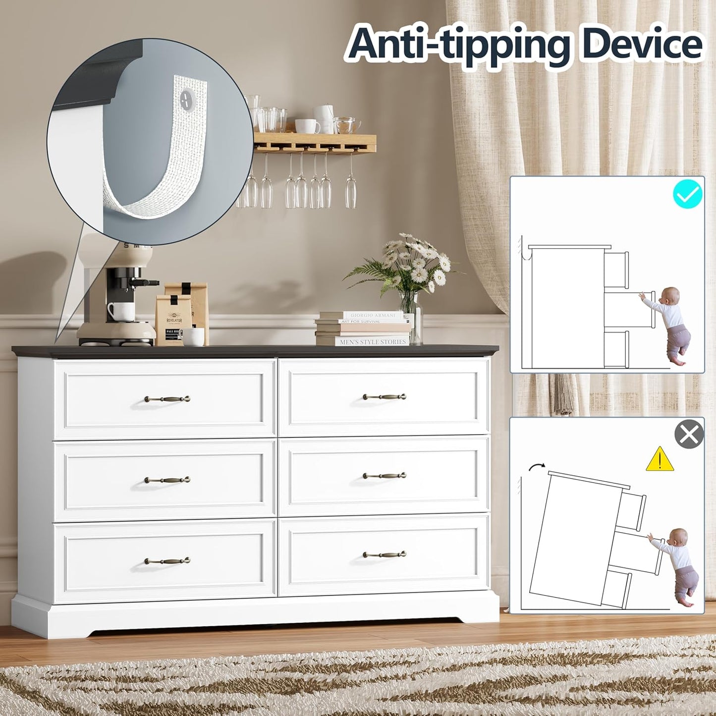 6 Drawer Dresser for Bedroom, 53" Wide Wooden Chest of Drawers, Rustic Farmhouse Dresser with Large Drawers & Metal Handles, Modern Storage Organizer for Closet, Living Room, Hallway, White