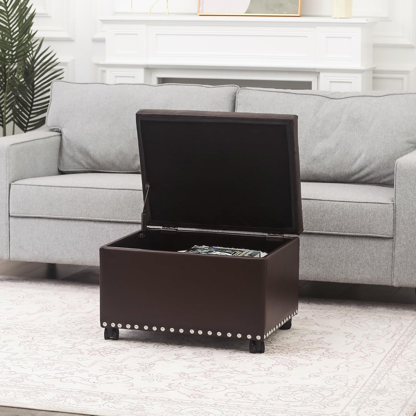 Leather Storage Ottoman Bench with Steerable Rolling Wheels, Rectangle 24 Inch Foot Rest Ottomans Stool for Living Room Bedroom (Vintage Brown)