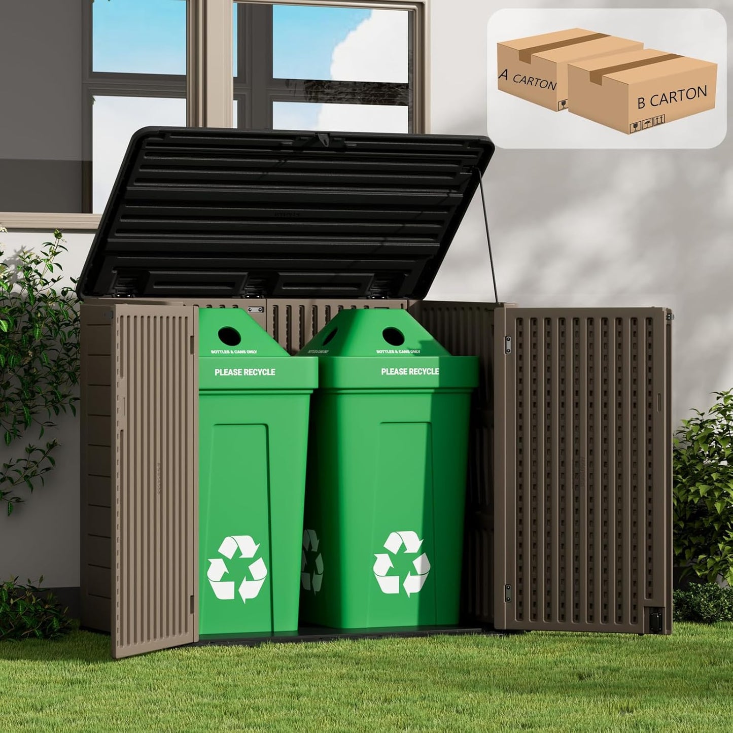 ZZM Large Outdoor Storage Shed, 48 Cu Ft Resin Versatile Storage Cabinet for Patio Accessories, Trash Cans & Garden Tools, Durable Horizontal Storage Box with Lockable Lid (Coffee)