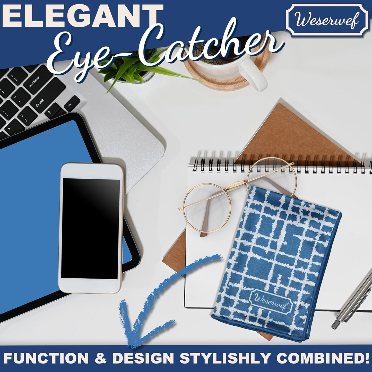 WESERWEF Design Microfiber Glasses Cleaning Cloth – Premium Cleaning Cloth for Eyeglasses, Screens, Tablets, Cameras & Lenses, 12" x 12", Ultra-Soft & Scratch-Free (Blue)