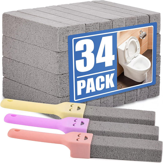 Navona 34 Pack Pumice Stone Scouring Sticks with 3 Universal Handles, Grey Pumice Stone for Cleaning Toilets, Bathrooms