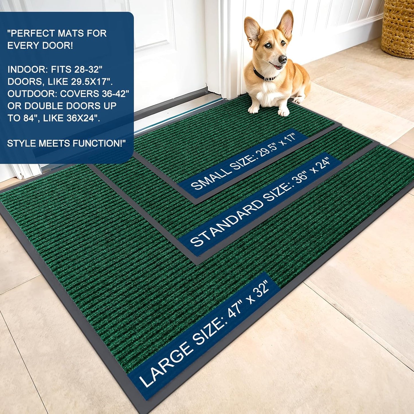 OLANLY Front Door Mat Indoor Outdoor Entrance, Waterproof Heavy Duty Doormat, Fade Resistant, Low Profile, Easy Clean Patio Porch Welcome Floor Mats for Entry, 33x21, Green