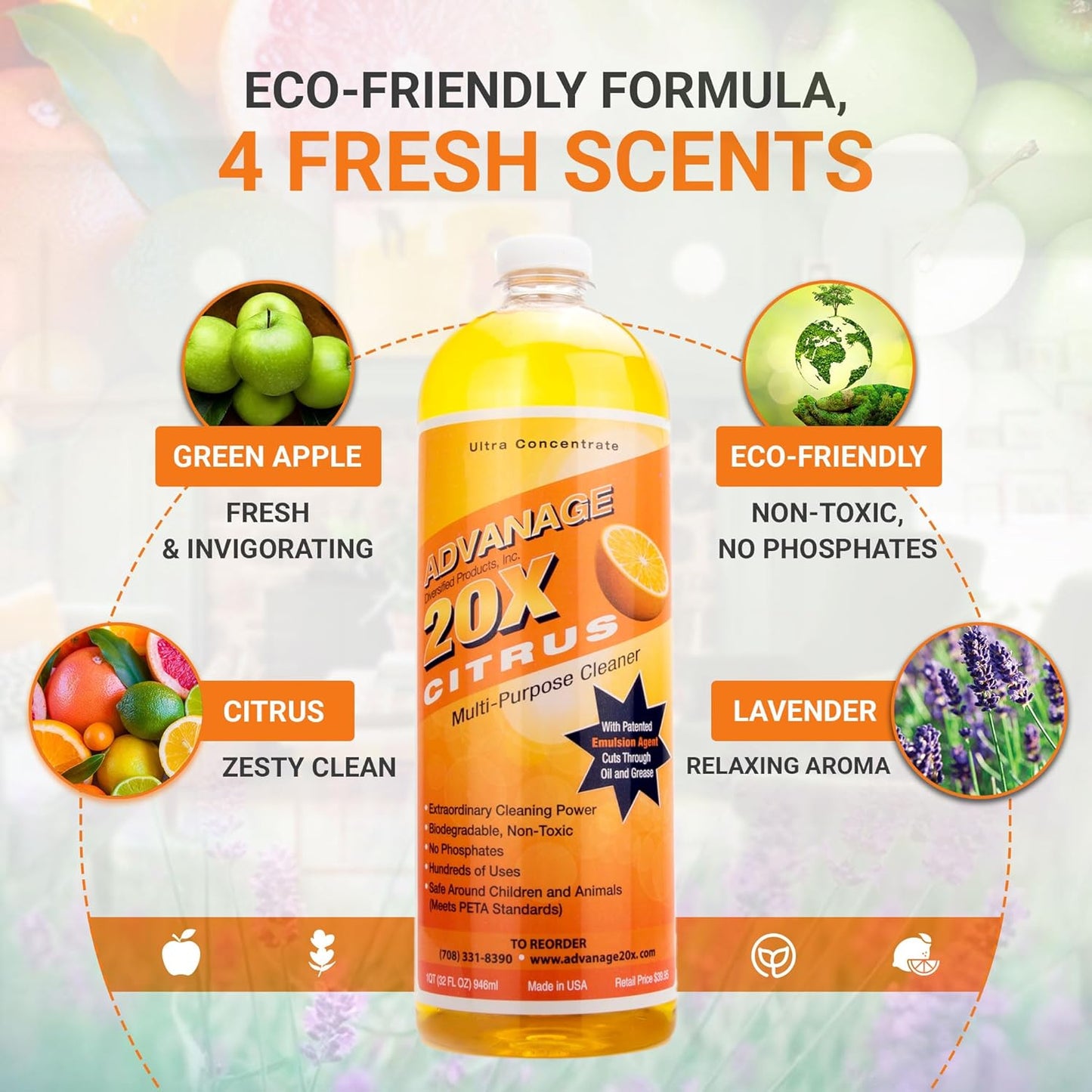 All Purpose Cleaner Concentrate - Advanage 20X The Wonder Cleaner Citrus for All Surfaces Around Bathroom, Kitchen, Oil and Grease | Multi Purpose Cleaner for Household Cleaning Solution | 32 Fl Oz