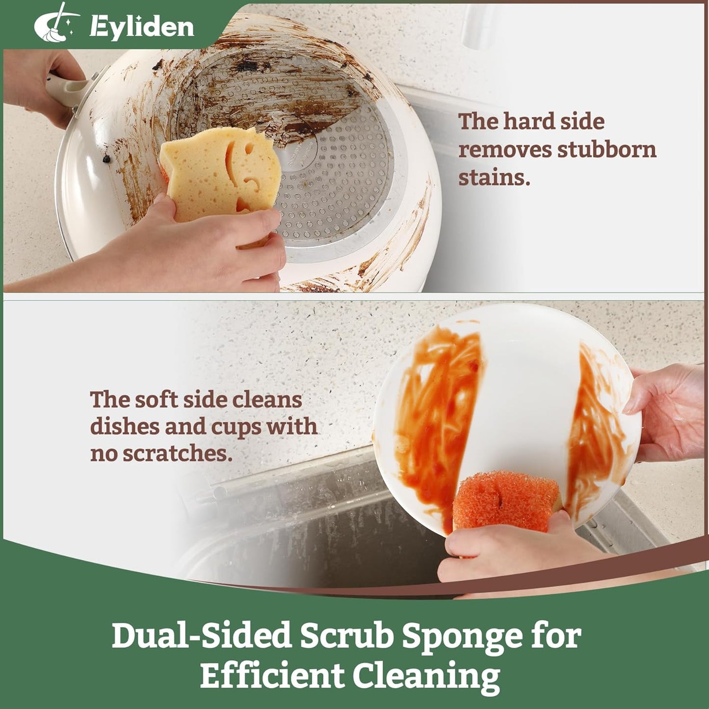 Eyliden 6 Pack Scrub Sponge - Dual-Sided, Smart-Temp Firmness, Dish Scrubber, Non-Scratch, Multi-Surface Safe Cleaning Sponges - Kitchen, Bathroom, Dish for Scrubbing (6)