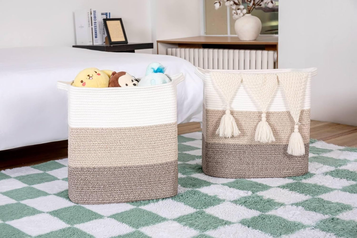 Tall Storage Bins for Clothes Fabric Cotton Rope Storage Baskets with Handles, Decorative Woven Basket for Living Room,Closet Organizer Blankets, and 2bags (Gradient Brown, L16×W11.4×H15.9)