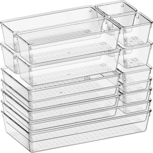 Criusia 16 Pack Large Clear Plastic Drawer Organizer Bins - 5 Size Acrylic Bathroom and Vanity Organizers and Storage Trays for Makeup Office Home, Kitchen Drawer Organizer for Utensils, Gadgets
