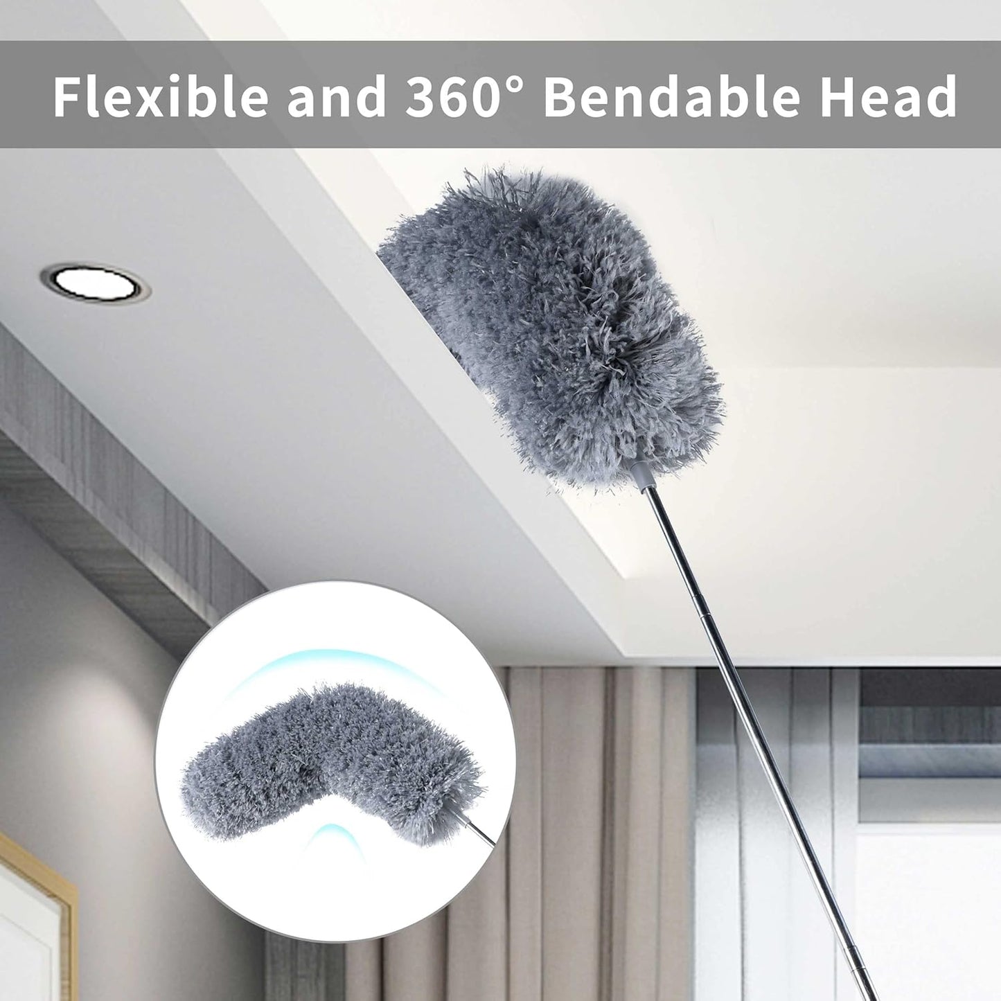 BOOMJOY Microfiber Feather Duster with 100 inches Extension Pole, Dusters for Cleaning High Ceiling, Fan, Blinds, Furniture, Dark Grey