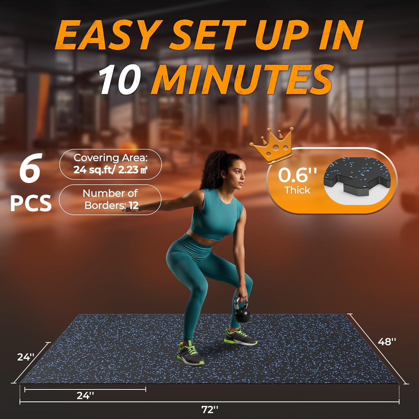 PRAISUN 0.6" Thicker Gym Mat, 6 Tiles 24 Sq Ft Workout Mats, Interlocking Foam Tiles with Rubber Top, High Density EVA Foam, Exercise Mat, Gym Flooring for Home Gym, Garage, 24 x 24in, Black/Blue