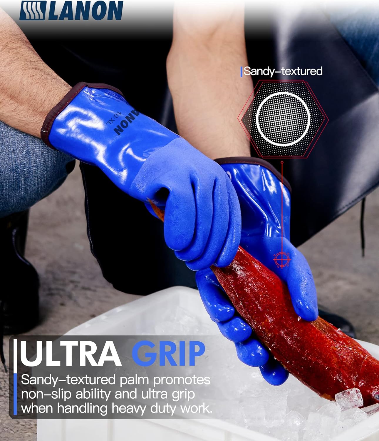 LANON PVC Coated Cold Proof Heavy Duty Gloves, Waterproof Warm Work Gloves for Freezer Work, Chemical & Oil Resistant, Non-Slip, XL (Pack of 2)