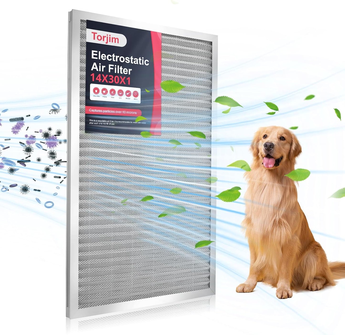Torjim 14x30x1 MERV8 Washable Electrostatic Air Filter - AC/HVAC Furnace Filter, Permanent, Easy Install, Breathe Fresher