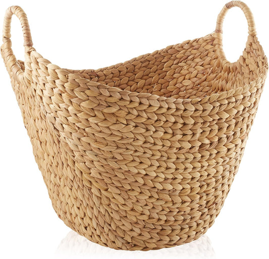 Casafield Large Laundry Boat Basket with Handles - Natural, Woven Water Hyacinth Multipurpose Storage Organizer for Throw Blankets, Bathroom, Bedroom, Living Room