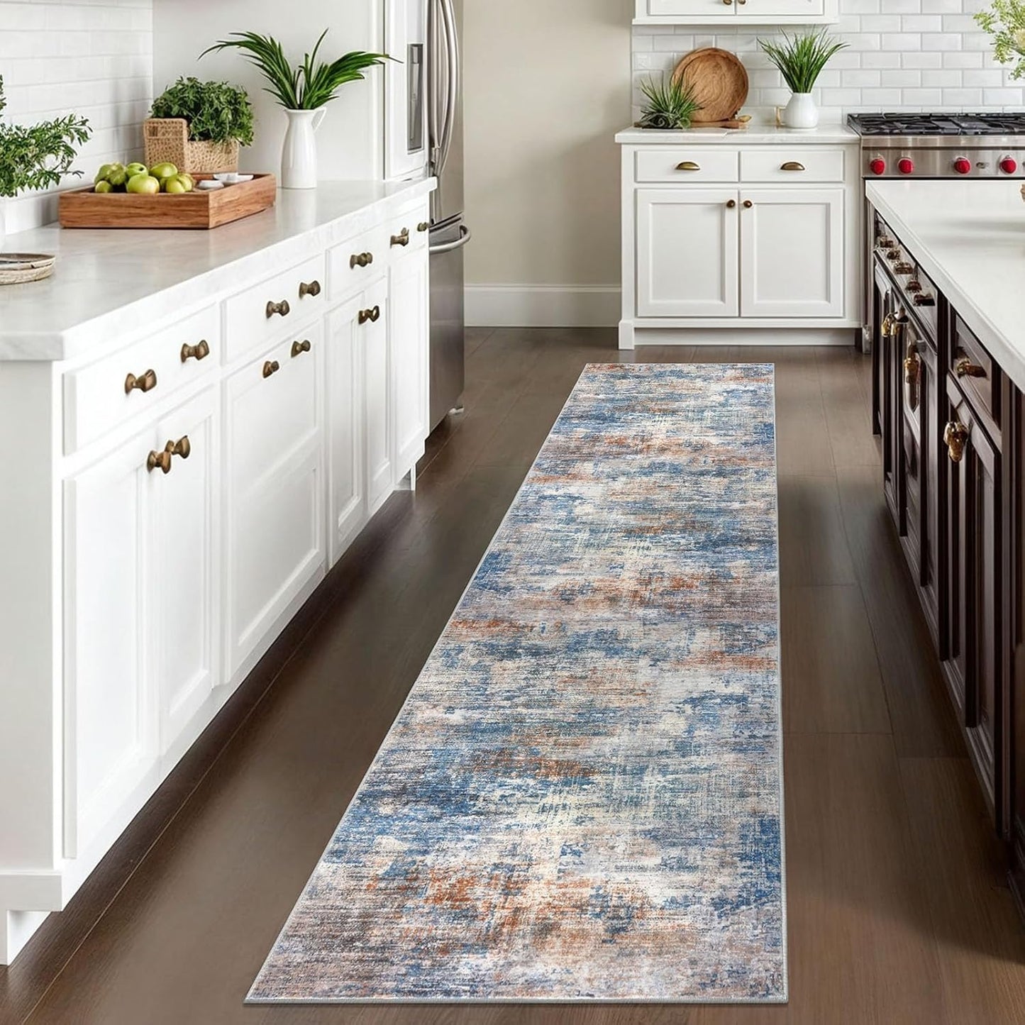 IOHOUZE Abstract Runner Rug 2x10 Ft Washable Runners for Hallways, Non Slip Kitchen Runner Printed Faux Wool Entryway Runner Indoor, Modern Abstract Floor Carpet for Hall Kitchen, Blue Rust