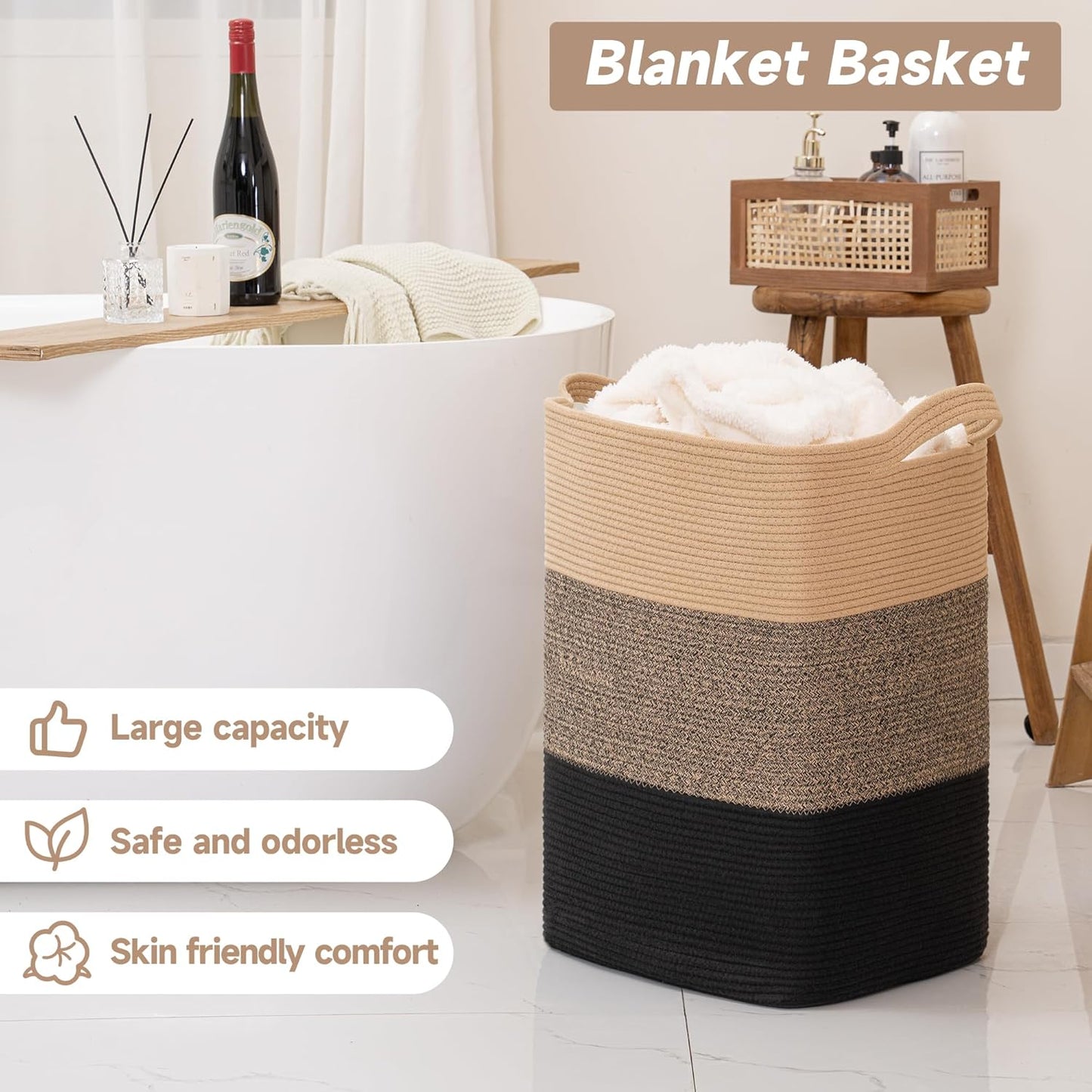 CLHMILY&Z 95L Laundry Basket Rectangular Black Jute Rope - 16x15x24 Inches - Dirty Clothes and Soft Storage Bin for Blankets, Toys, and Nursery Essentials
