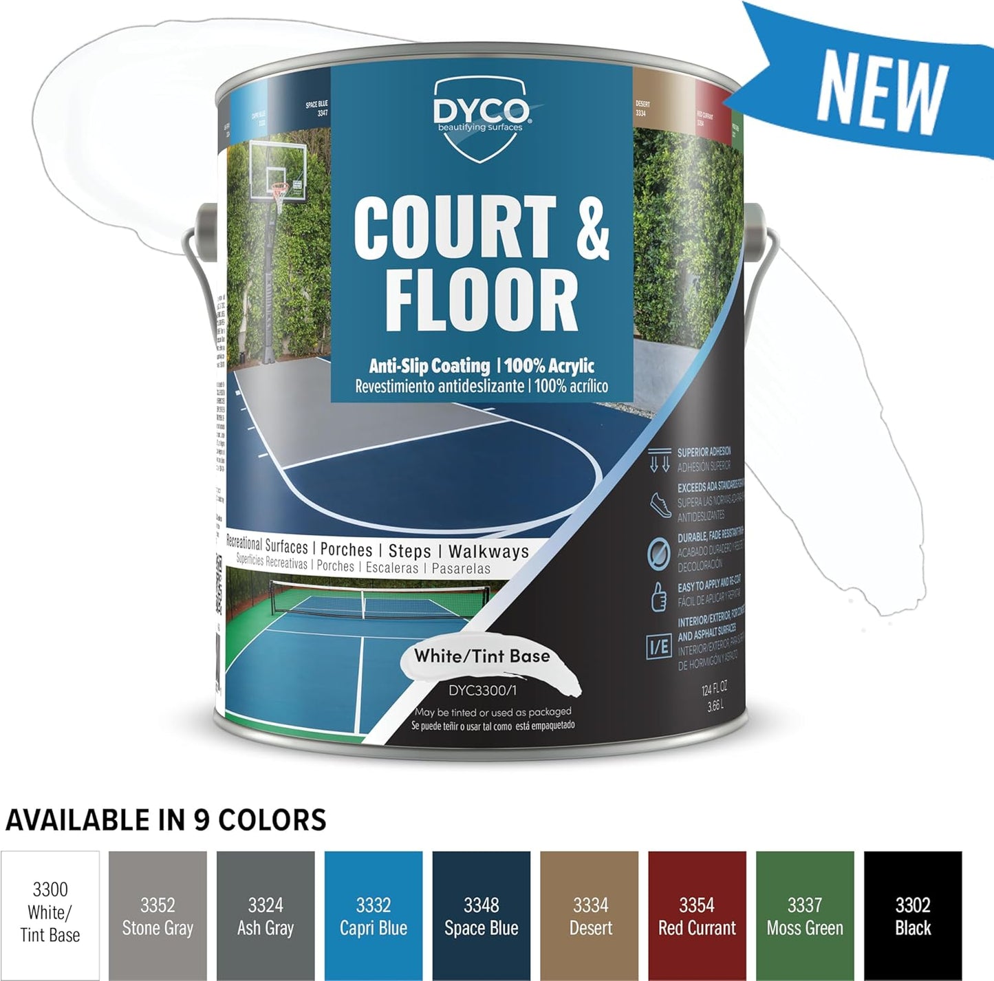 DYCO Court & Floor Anti-Slip Coating - Slip-Resistant Pavement, Cement & Concrete Paint for Pickleball, Tennis & Basketball Courts, Exceeds ADA Standards for Safety Areas (White, 1 Gallon)