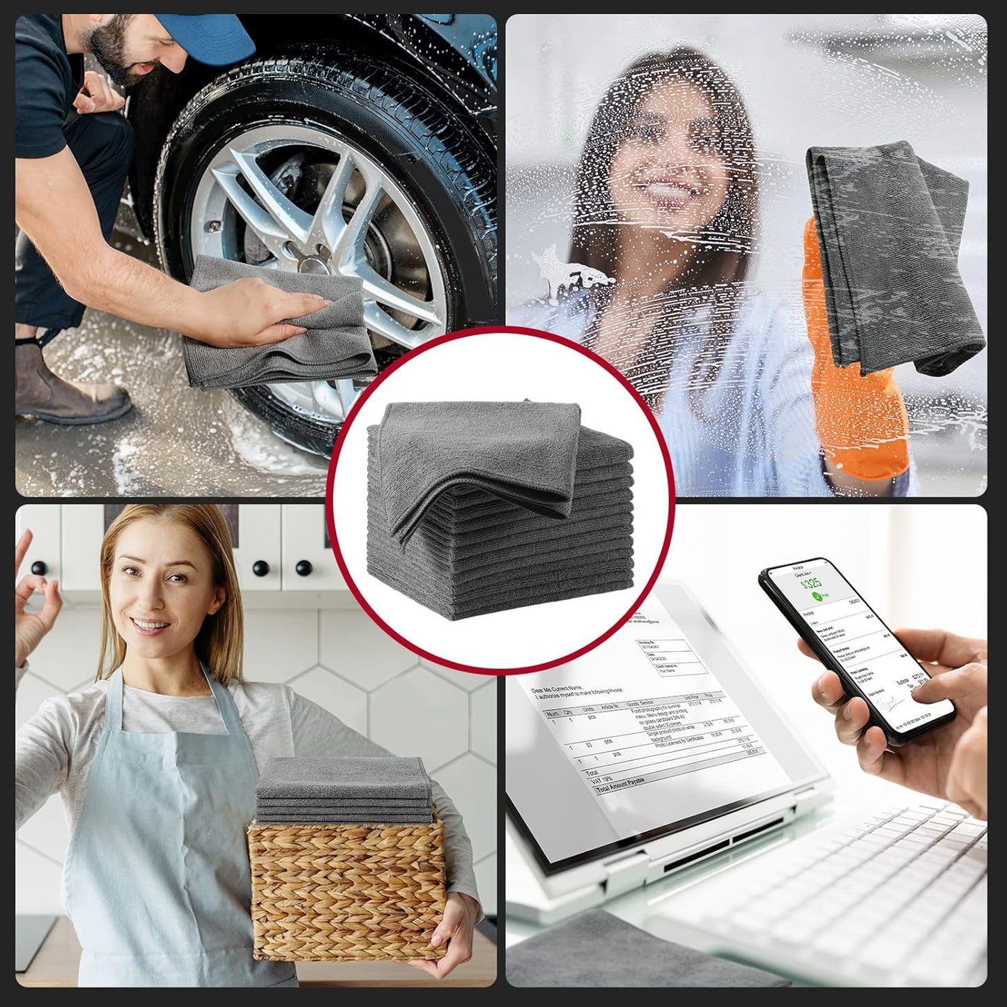 16 Pcs Microfiber Cleaning Cloth 16x16 Inch Microfiber Towels for Car Ultra Absorbent Cleaning Rags Reusable Lint Free Streak Free Detailing Towel for Car Washing Drying Dusting (Gray)