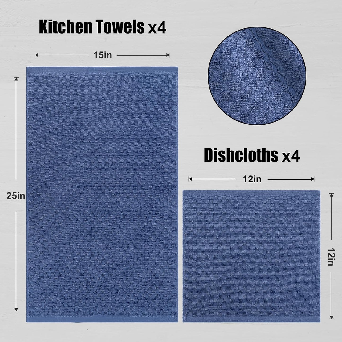 Fintale 100% Cotton Kitchen Towels and Dishcloths Set, 12 x 12 & 15 x 25 Inches, Set of 8 Bulk Super Soft and Absorbent Terry Cloth Dish Towels, Quick Drying Hand Towels with Hanging Loop, Navy Blue