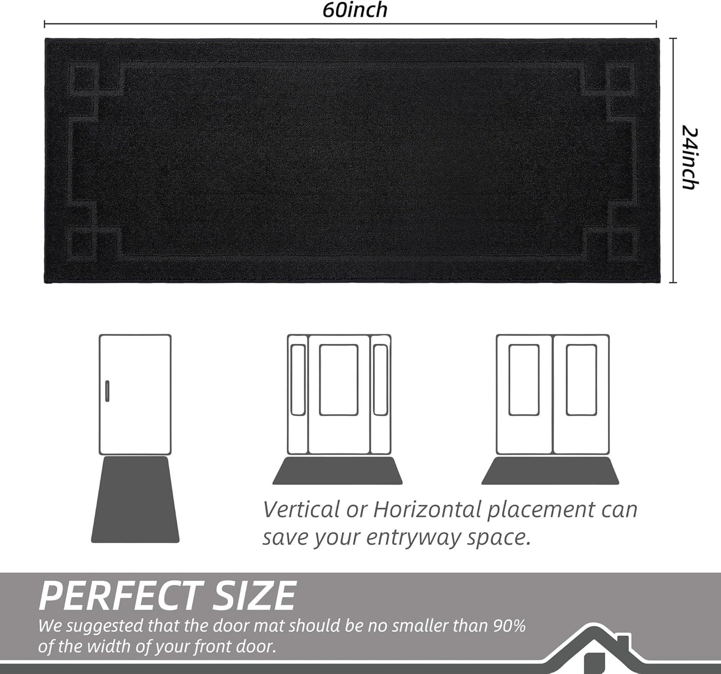 BEQHAUSE Door Mat 24" x 60", Non-Slip Door Mats Indoor Entryway Rugs Washable Low-Profile Absorbent and Stain Resist Floor Mats, Dog Door Mat for Front Back Door, Muddy Wet Shoes & Paws, Black