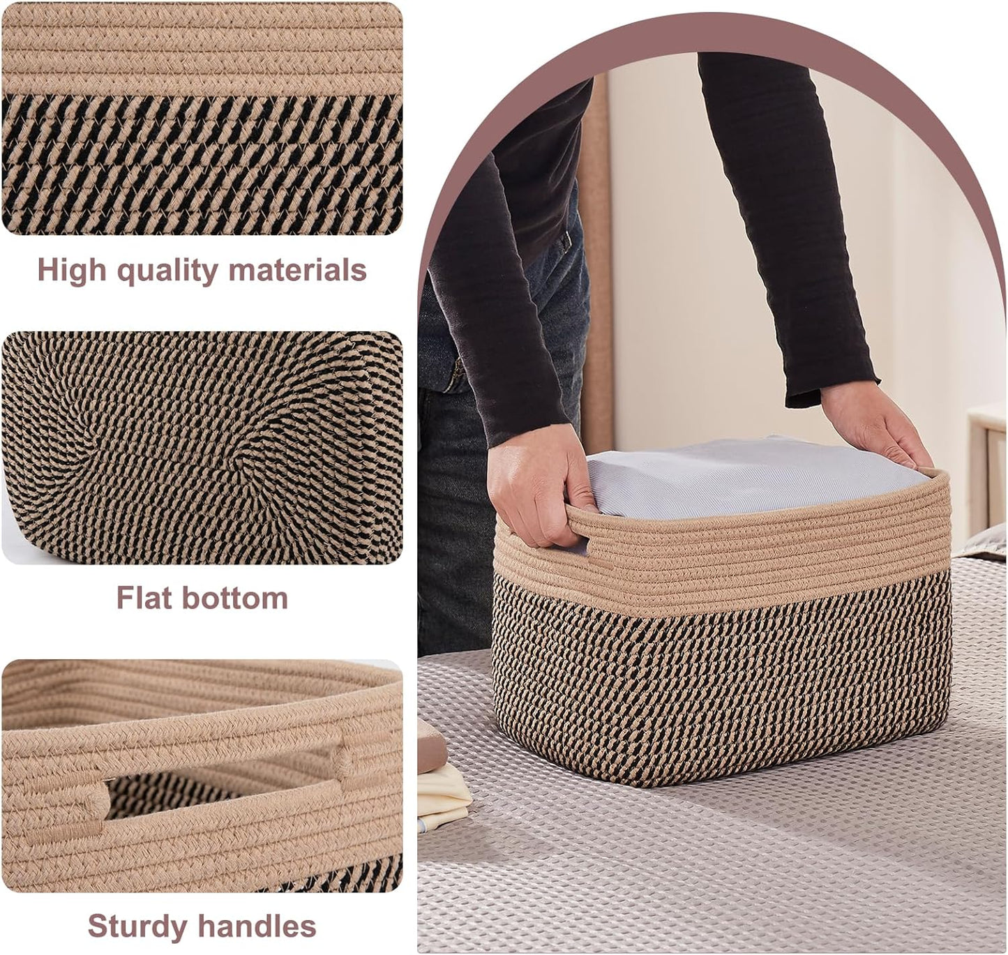 OIAHOMY 4 Pack Storage Baskets for Organizing, Basket for Shelves with Handle, Woven Baskets for Storage Toys, Towels, Books, Cotton Rope Basket 13" L x 9 " W x 7.8 " H, Brown & Black