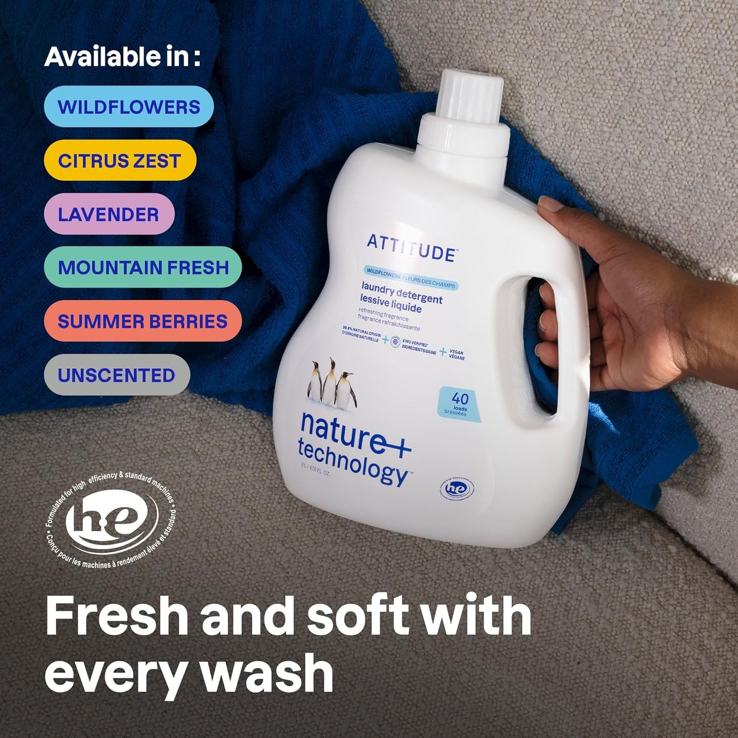 ATTITUDE Liquid Laundry Detergent, EWG Verified, HE Compatible, Plant-Based & Vegan, Natural Laundry Soap, Summer Berries Scent, 40 Loads, 67.6 Fl Oz