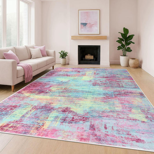 IOHOUZE Abstract Area Rugs 9x12 Ft Washable Large Rugs for Living Room, Non Slip Dining Room Rug, Printed Faux Wool Rugs for Bedroom, Floor Carpet for Office Nursery Playroom, Pink Teal