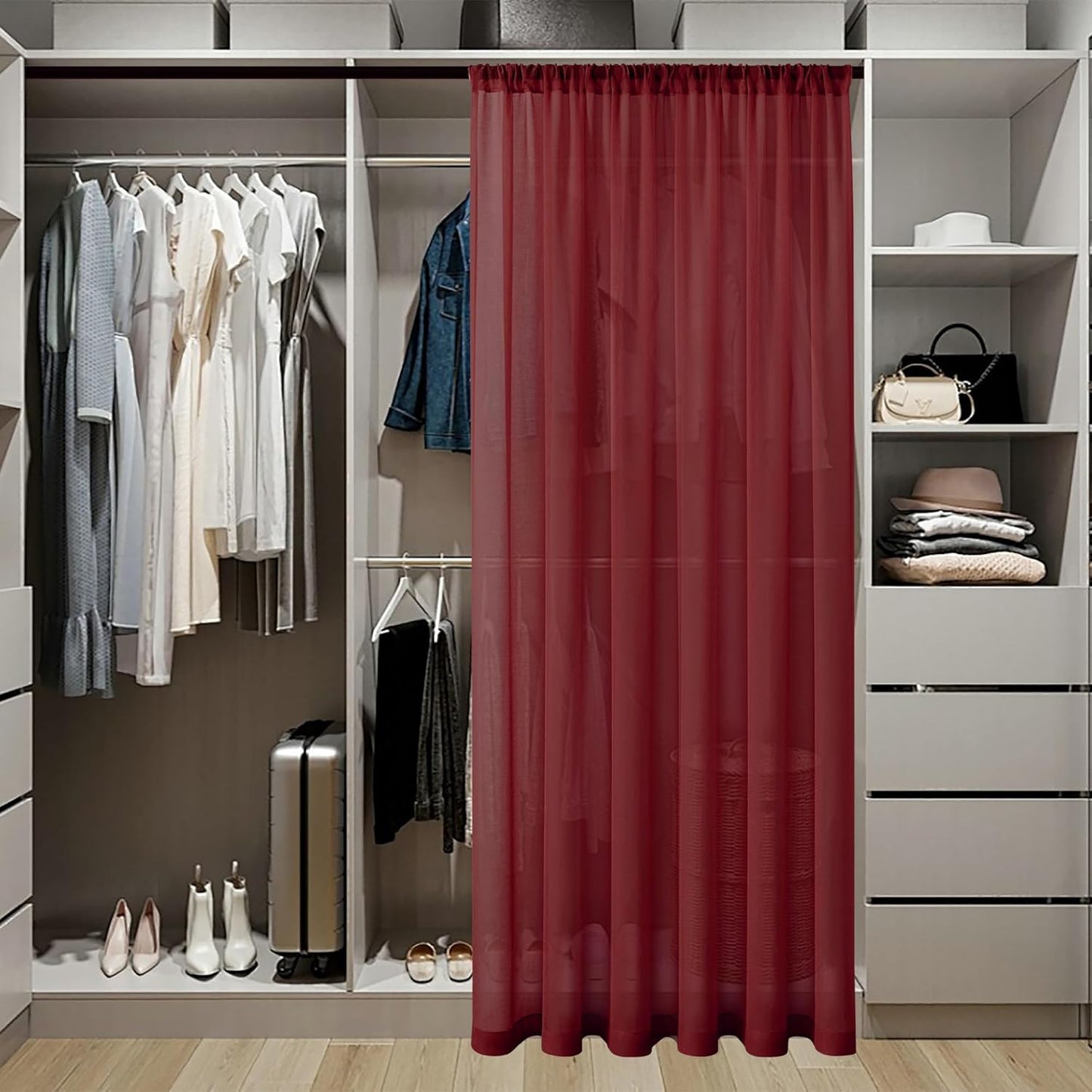 Tollpiz Sheer Door Curtains Closet Linen Textured Curtain Sheers Doorway Light Filtering Voile French Door Rod Pocket Curtains Patio Glass Door, 54 x 63 inches Long, Burgundy Red, Set of 1 Panel