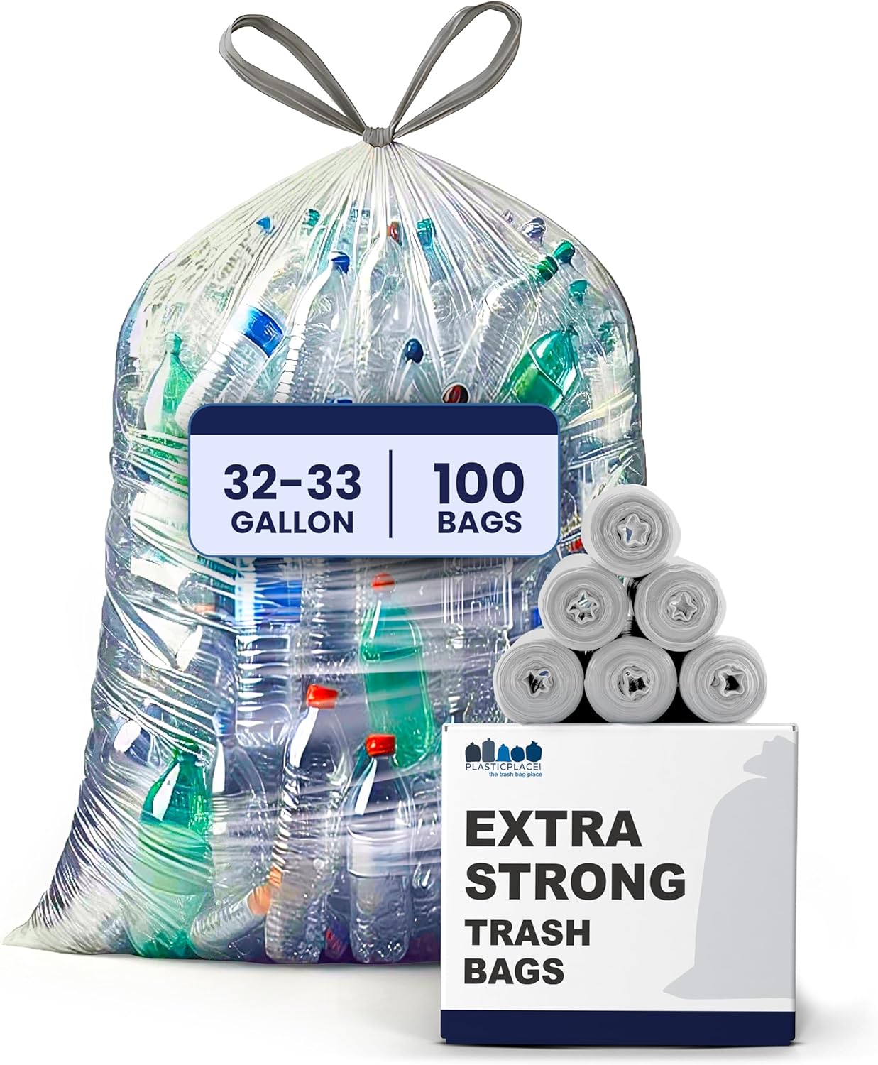 Plasticplace 32-33 Gallon Recycling Bags │ 0.9 Mil │ Clear Drawstring Garbage Can Liners │ 33" x 38" (100 Count)
