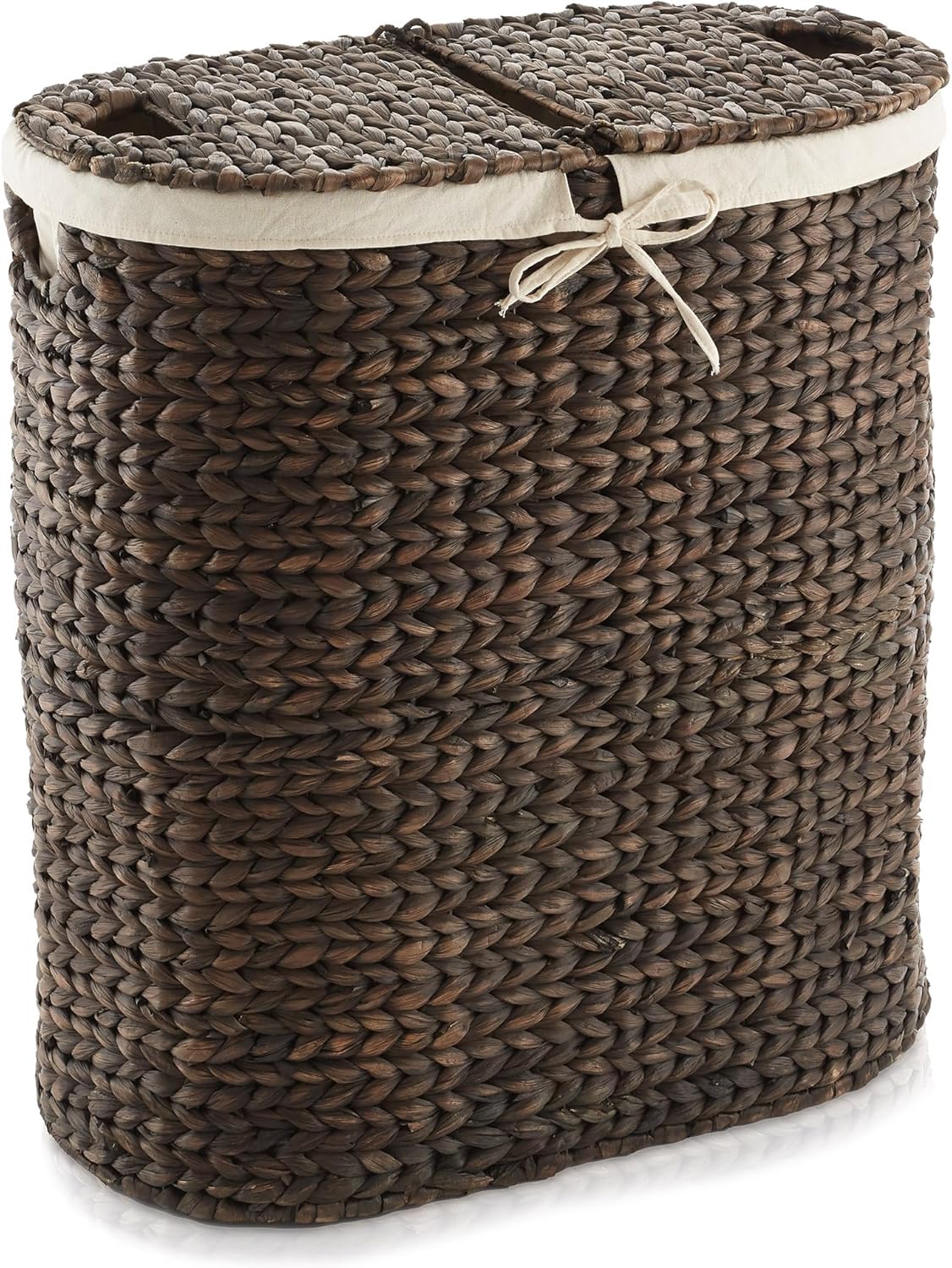 Casafield Oval Laundry Hamper with Lids and Removable Liner Bags - Espresso, Woven Water Hyacinth 2-Section Laundry Basket Sorter for Clothes and Towels