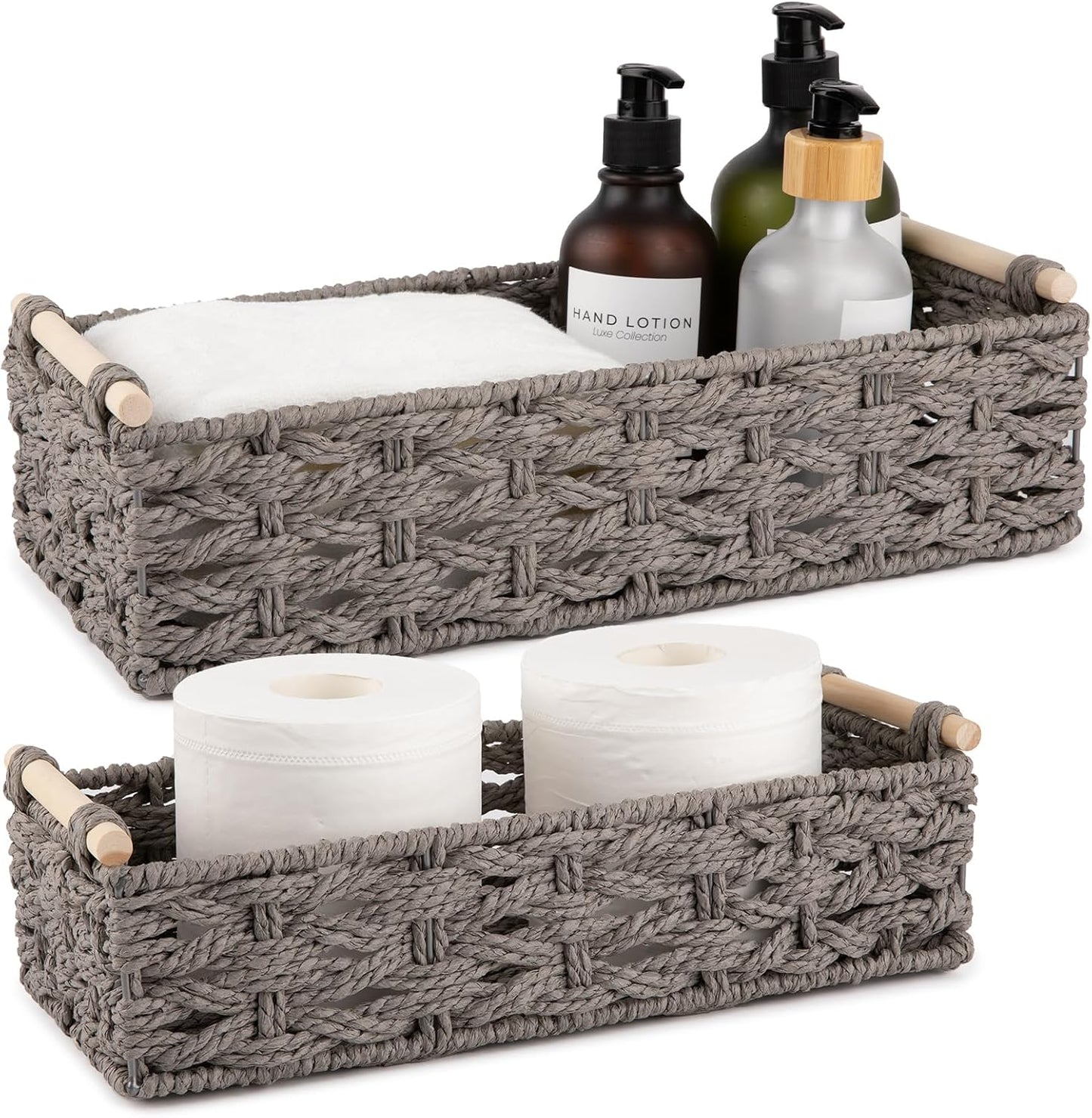 OIAHOMY Toilet Paper Baskets Handmade Paper Rope Decorative Wicker Storage Tank Shelf Cabinet Organizer for Bathroom Home, Set of 2, Grey