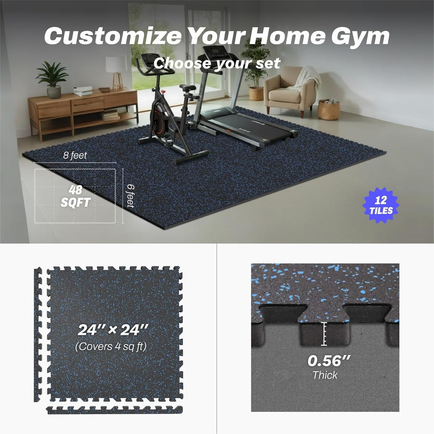 AIRHOP 0.56in Thick 48 Sq Ft Exercise Equipment Mats, 12 Tiles Upgraded Rubber Top with High Density EVA Foam, Large Interlocking Puzzle Gym Flooring for Home Gym, Heavy Weight Workout,Black & Blue