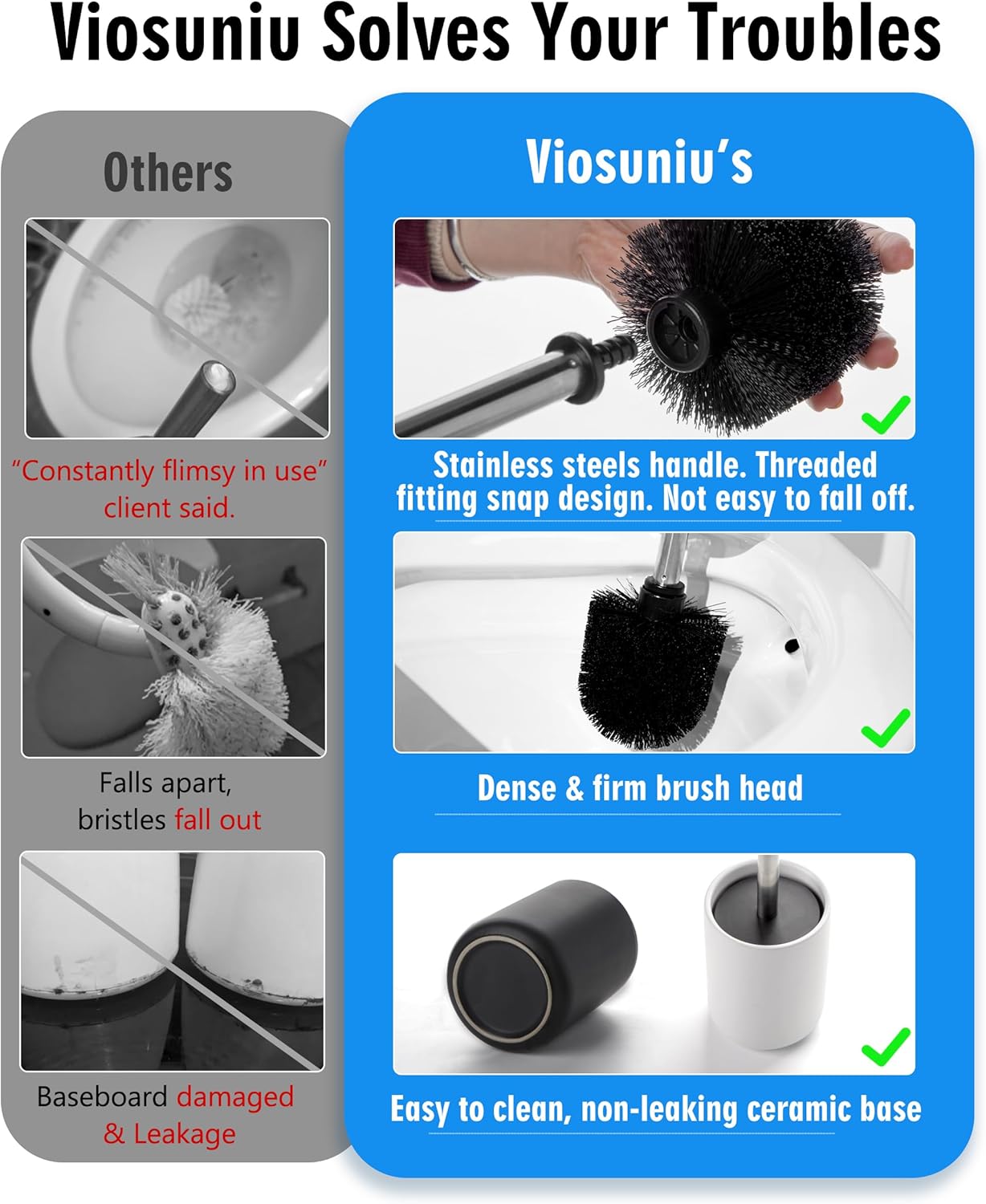 Ceramic Toilet Brush & Holder Set - Freestanding Deep-Cleaning Toilet Bowl Cleaner Brush, Stainless Steel Handle, Small & Sturdy for Storage, Easy to Clean, Non-Scratching