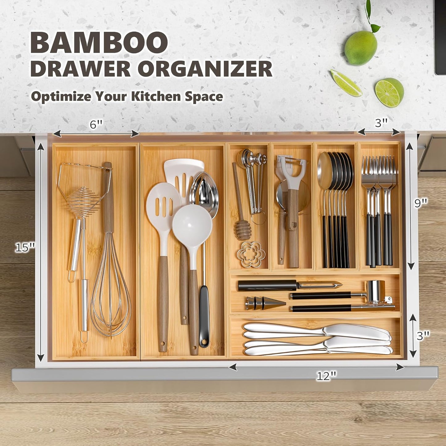 Kitchen Drawer Organizer Bins, Stackable Bamboo Deep Drawer Organizer for Silverware, Utensils, Cutlery, Flatware, Junk Drawer, Dresser, Bathroom, 6" x 3" x 2.5" (Set of 2)