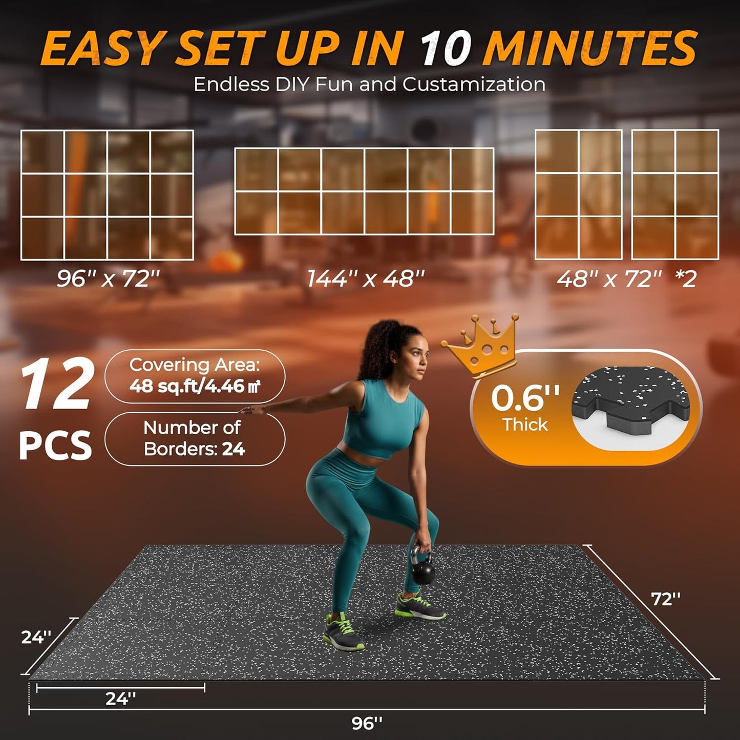 PRAISUN 0.6" Thicker Gym Mat, 12 Tiles 48 Sq Ft Workout Mats, Interlocking Foam Tiles with Rubber Top, High Density EVA Foam, Exercise Mat, Gym Flooring for Home Gym, Garage, 24 x 24in, Black/Grey