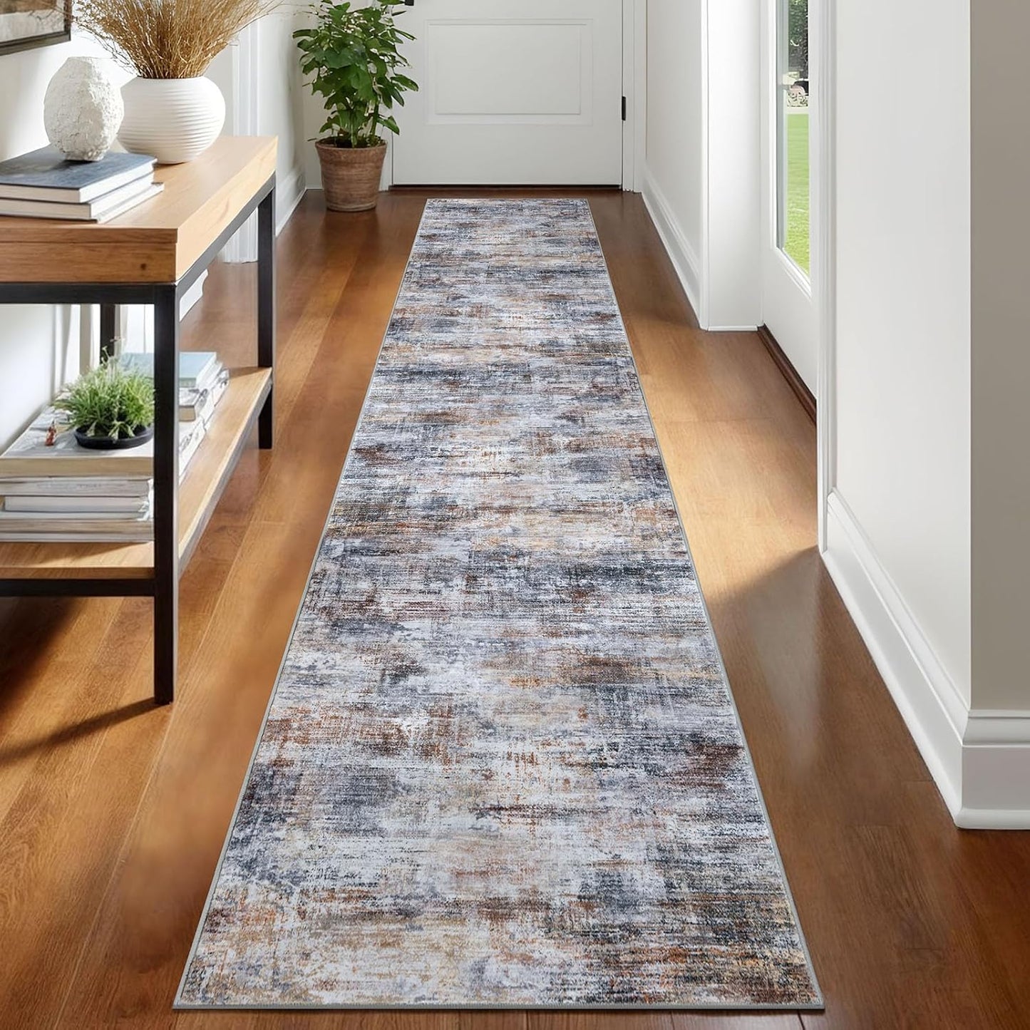 IOHOUZE Abstract Runner Rug 2x12 Ft Washable Runners for Hallways, Non Slip Kitchen Runner Printed Faux Wool Entryway Runner Indoor, Modern Abstract Floor Carpet for Hall Kitchen, Orange Grey