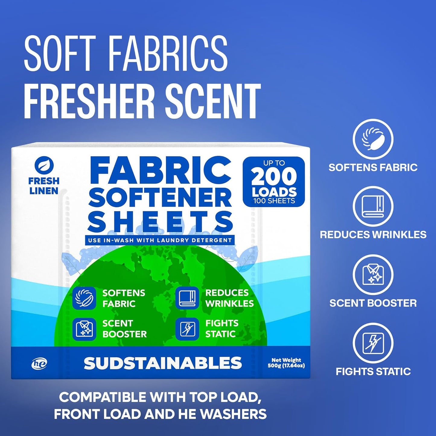 Sudstainables Fabric Softener Sheets for Washer – Laundry Softener Sheets for Washing Machines, Scented (200 loads) | Pods and Liquid Alternative