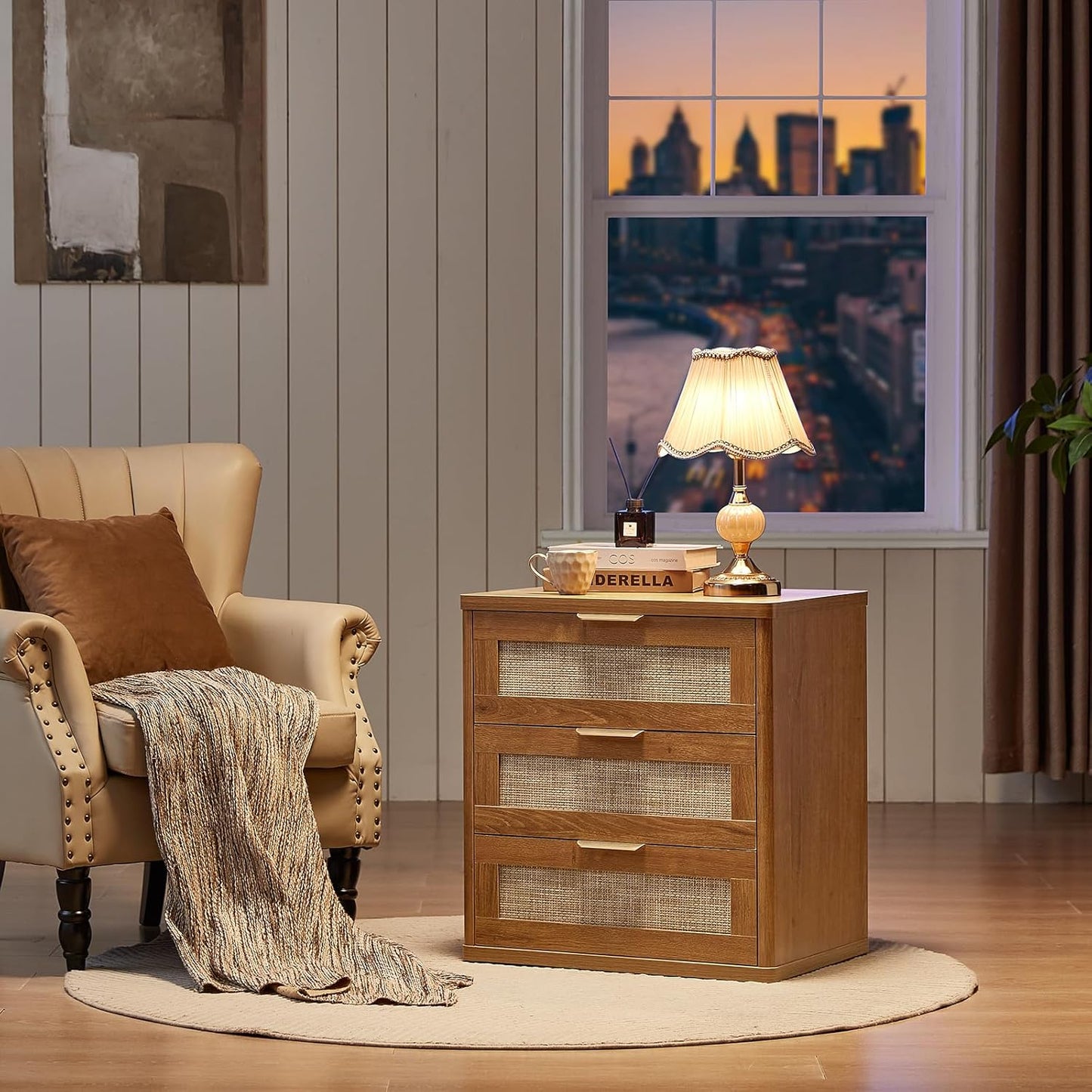 LEYAOYAO Rattan Night Stand Set of 2 with Drawers, 23" Large 3 Drawer Boho Nightstand, Natural Wood Bedside Table Storage Cabinet, Bed Side End Tables Dresser for Bedroom, Living Room, Hallway, Closet