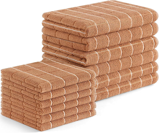 Homaxy Microfiber Kitchen Towels and Dishcloths Set, 12 Pack Soft and Absorbent Dish Hand Towels Bulk, 28 x 16 Inch & 12 x 12 Inch Quick Drying Rags for Washing Dishes, Camel