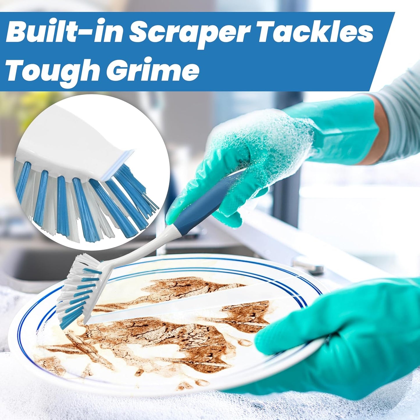 PHYEX 2-Pack Dish Brushes with Scraper, Durable Nylon Bristles Kitchen Scrub Brush, Dish Scrubber with Handle for Pans, Sink, Bathroom