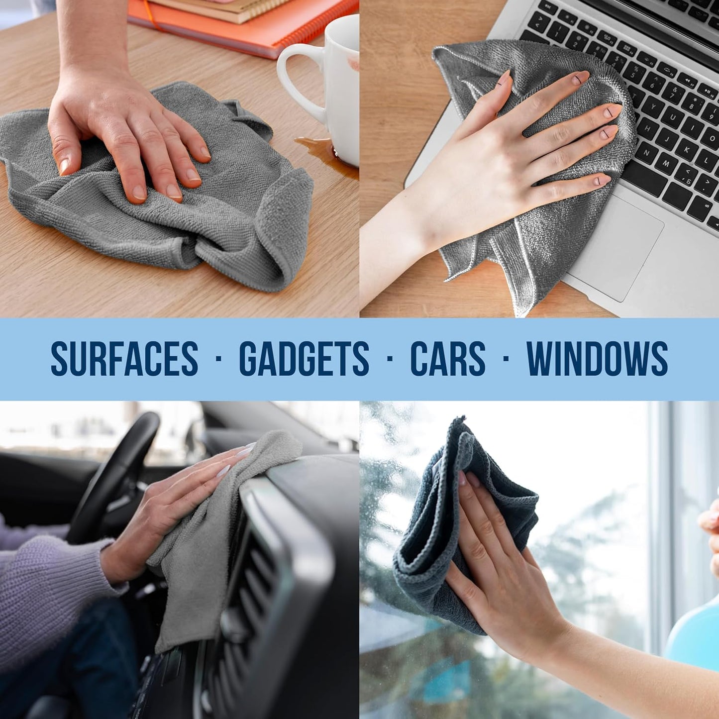 GREEN LIFESTYLE Chamois Cloth Microfiber Cleaning Cloth 12 Pack, Borderless Towels Cleaning, Car Microfiber Towel, Drying Car Wash Towels (11.5" x 11.5", Grey)