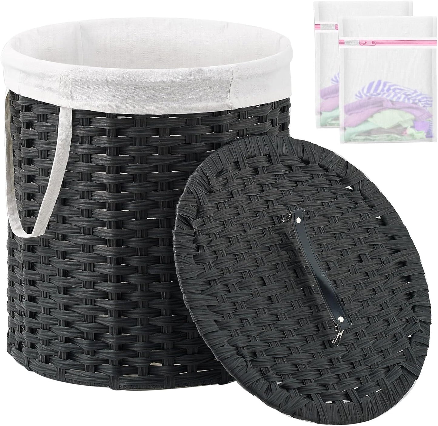 Laundry Hamper with Lid Wicker Laundry Hamper Round 26.5 Gal (100 L) Laundry Basket Handwoven Rattan Laundry Basket with Removable Bag Handles 2 Mesh Bags for Living Room Bedroom Black