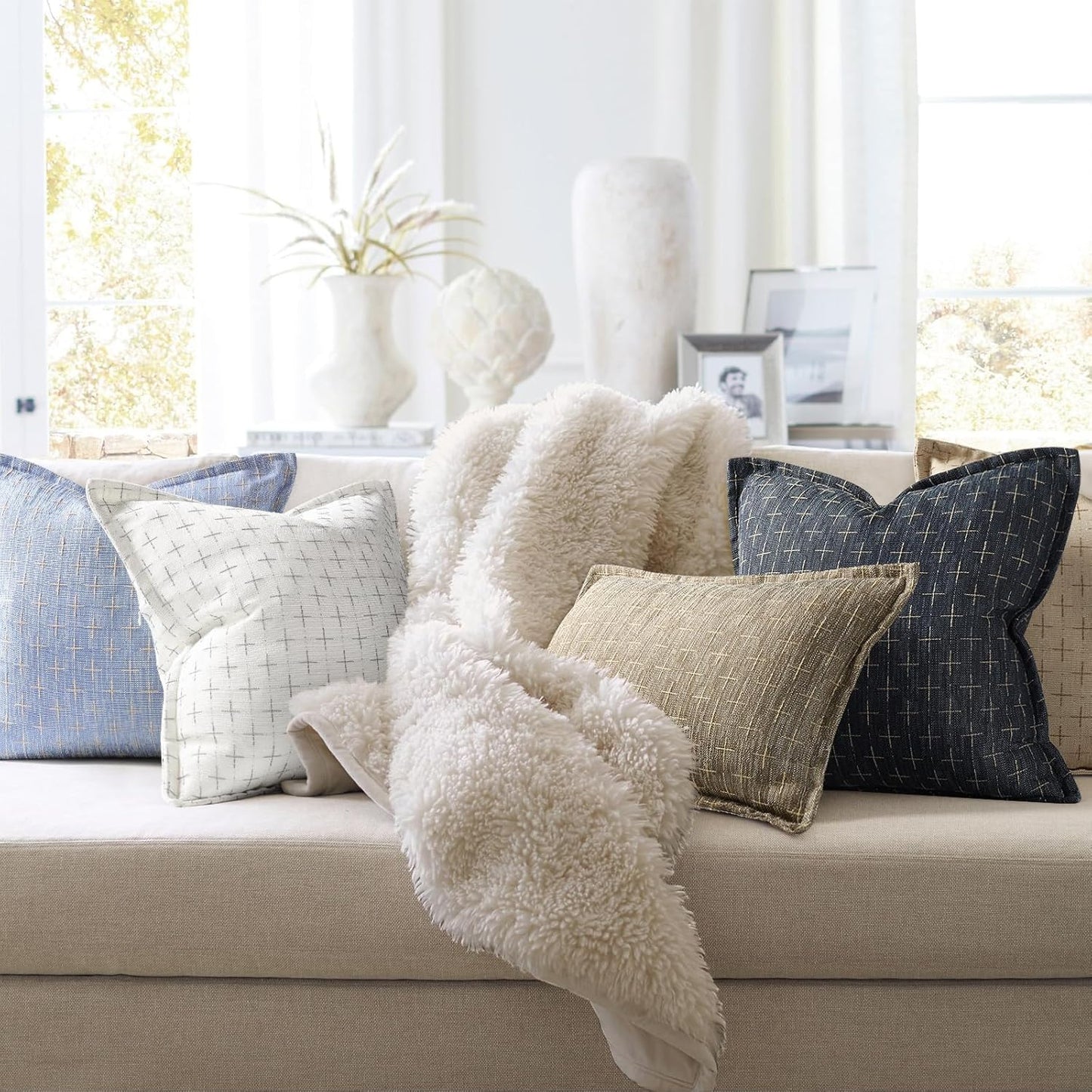 ZWJD Pillow Covers 26x26 Set of 2 Soft Polyester Textured Pillow Covers with Stylish Flange Edge Cozy Farmhouse Throw Pillows for Couch Bed Sofa Living Room